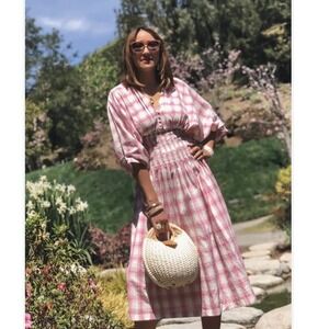 Nicholas Pink Plaid Smocked Cotton Midi Dress with Belt D1735CC Womens Size 6